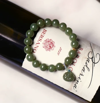 Natural Hetian Jade Qinghuangkou Round Beads Paired with Small Maitreya Buddha Pendant, Original Design Women's Jade Bracelet