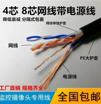 4-Core 8-Core Network Cable with Integrated Power Line, Pure Copper Outdoor Waterproof Surveillance Network Composite Cable, Oxygen-Free Copper 300m Roll
