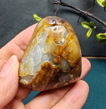 Xinjiang Hetian Jade Seed Material Raw Stone with Yellow Patina and Pear Skin, Antique Style Dragon and Phoenix Jin Hui Dui Hand-Held Piece for Men - Auspicious Dragon and Phoenix