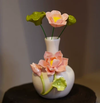 Hand-Sculpted Ceramic Flowers, Jingdezhen Ceramic Lotus with Roots and Leaves, Paired with Porcelain Handmade Mini Vase for Home Decor