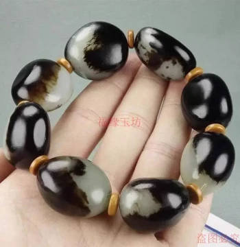 Premium Hetian Jade Colored Bracelet, Black Skin Seed Material Blue-and-White Rough Stone, Irregular Gold-Silk Jade Hand Ornament for Men and Women