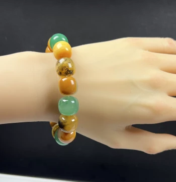 Natural Yunnan Huanglong Jade and African Emerald Jade Combination - Premium Multi-Gem Old-Style Bead Bracelet 14mm, Authentic Gift