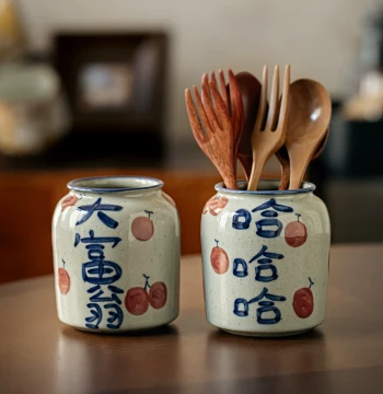 Xiangziwei [National Trend Hand-Painted] Handmade Coarse Pottery Storage Jar, Chinese Style Antique Ceramic Vase for Tea Table