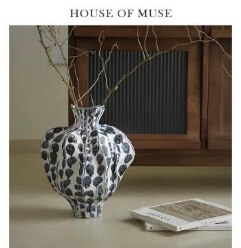Muse Home Oriental Paris/'Gilded Ink Spotted Blue' Handmade Ceramic Bottle, Art Vase, Retro Flower Vessel Ornament