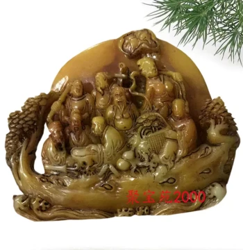 Yellow Dragon Jade Carving 'Eight Immortals Crossing the Sea' Ornament, Home Decor Imitation Jade Craft Gift, Aged Jade Stone Collectible