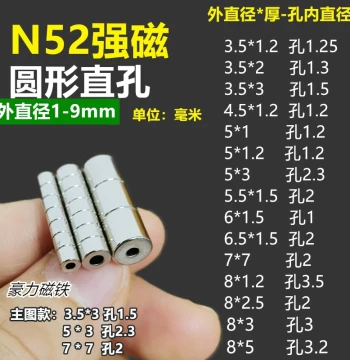 N52 Ring Through-Hole Magnet Straight Hole Strong Magnetic Disc Neodymium Iron Boron Circular Strong Magnet Hollow Bit Magnetic Steel Ring with Inner Hole