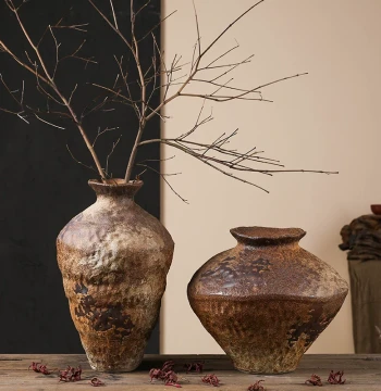 Coarse Pottery Ceramic Vase Countertop Dried Flower Arrangement, Retro Nostalgic Wabi-Sabi Zen Style Handmade Homestay Hotel Flower Vessel Ornament