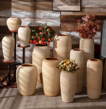Jingdezhen Floor-Standing Large Ceramic Vase, Retro Vintage Handmade Coarse Pottery Jar for Living Room and Hotel Feng Shui Decor