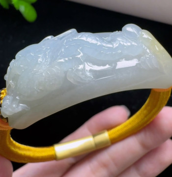 Authentic Burmese Jade Ice-Floating Yellow Dragon Pendant Bracelet, Natural Grade A Jadeite Wealth-Attracting Zodiac Dragon Hand Rope