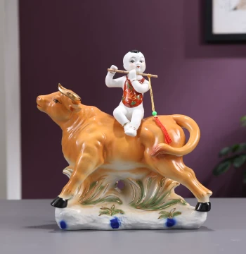 Ceramic Herdboy and Ox Figurine, Chinese Style Living Room TV Cabinet Study Desktop Handmade Home Decor Gift