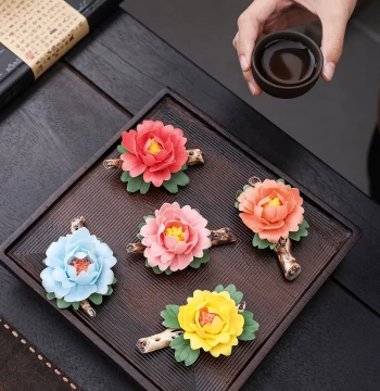Hand-Sculpted Ceramic Peony Flower Incense Holder Ornament, Handmade Porcelain Flower Decor for Living Room and Tea Room Desktop, Pink Craft Flower