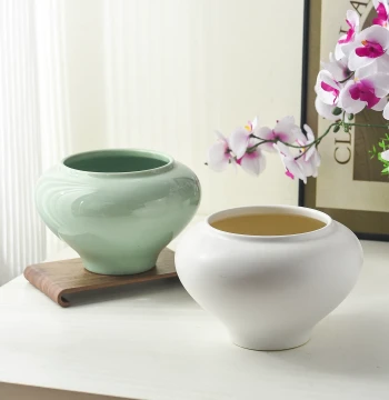 Ceramic Round Flower Pot, Light Green Home Decor Ornament, Handmade Floral Art Set
