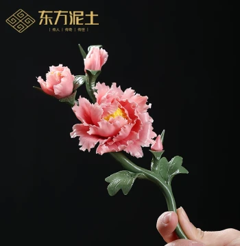 Dongfang Nitu Handmade Ceramic Peony Flower Ornament Gift for Wife Girlfriend Tea Clip Stand Home Bedroom Decor