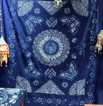Dali Bai Ethnic Handmade Traditional Tie-Dye Tablecloth or Wall Hanging, Blue-Dyed Pure Cotton Double Bed Sheet or Sofa Fabric
