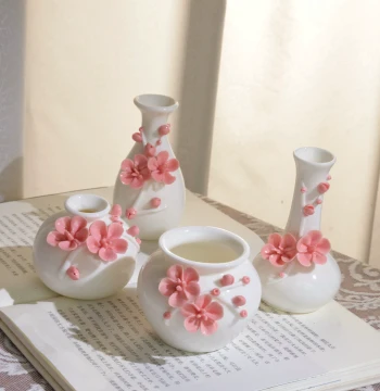 Jingdezhen Ceramic Vase Set with Handcrafted Pink Plum Blossom Branches - Fresh Style Living Room Decor and Aroma Diffuser