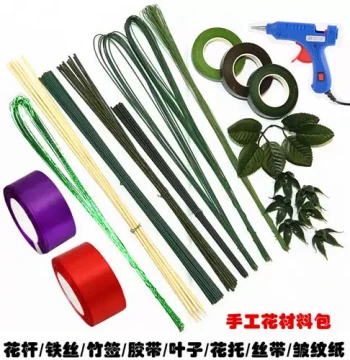 No. 2 Glued Flower Stem & No. 22 Vein Wire Branch Kit: Floral Tape, Leaves, and Receptacles for Handmade Rose DIY