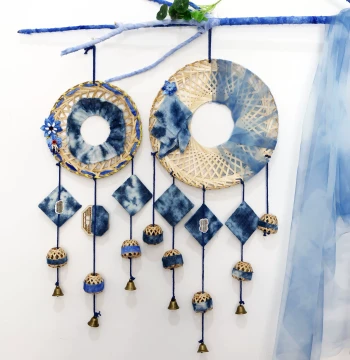 Tie-Dye Fabric Handwoven Bamboo Hat Hanging Ornament, Shopping Mall Window Display, Home Entryway Decoration, Scenic Spot Hanging Decor