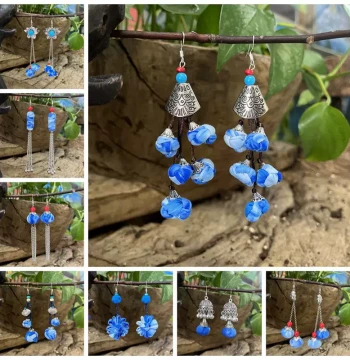 Yunnan Lijiang Dali Ethnic Style Earrings: Handmade Tie-Dye Indigo Fabric Button Drop Earrings