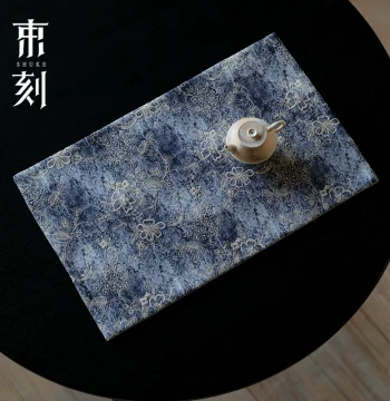 Shuke Creative Handmade Tie-Dye Rectangular Tea Mat, Hand-Embroidered Printed Dry Brewing Mat, Double-Sided Waterproof Fabric Tea Pad