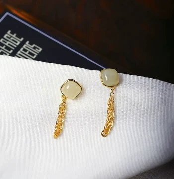Natural Hetian Green Jade Sterling Silver Inlaid Phoenix Tail Tassel Stud Earrings, Women's Jade Earring Jewelry Gift