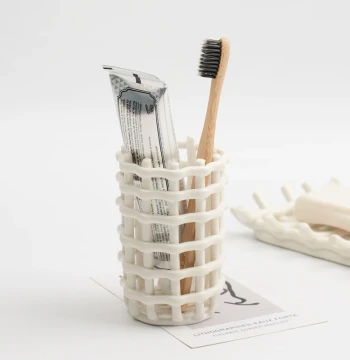 Ceramic Woven Basket Organizer for Toothbrushes and Makeup Brushes