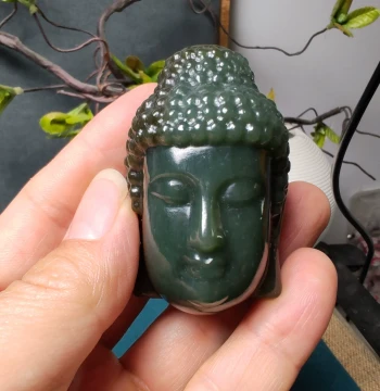 Xinjiang Hetian Jade Qiemo Blue Tone Sugar Jade Shakyamuni Buddha Head Hand Piece Premium Oily Luster Unisex 'Thus Have I Heard'