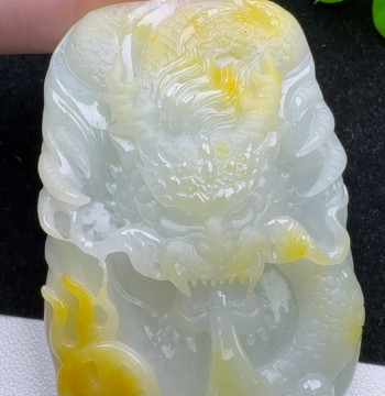 Burmese Material Jade Divine Dragon Protector Pendant, Natural Grade A Jadeite Ice Floating Yellow Dragon Plaque Pendant, Twelve Zodiac Signs Dragon