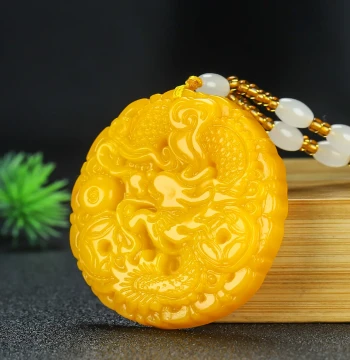 Yellow Dragon Jade Zodiac Dragon Pendant Yellow Jade Playing Dragon with Pearl Plaque Jade Ornament Men Women Jade Necklace Drop