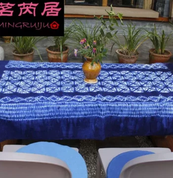 Mingruiju Yunnan Tie-Dye Tablecloth, Dali Ethnic Style Handmade Cotton Tea Table Cloth with Sashiko Embroidery, Rectangular