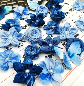 Kindergarten Folding Fan Supplies, Fabric Flowers, Tie-Dye Ethnic Style Ornaments, Blue Rose Pure Handmade DIY Accessories