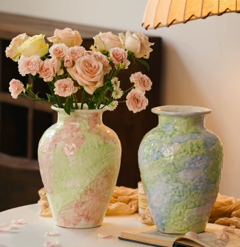 Premium Vintage Hand-Painted Ceramic Vase, Fresh Flower Arrangement Vessel, French Medieval Style Living Room Dining Table Decor
