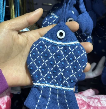 Tie-Dye Fabric Key Pouch with Embroidered Fish and Rabbit