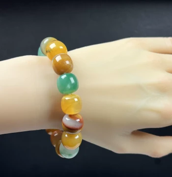 Natural Jade Premium Jewelry African Emerald & Yellow Dragon Jade Multi-Gem 14+mm Bracelet, Old-Style Beaded Jade Bracelet