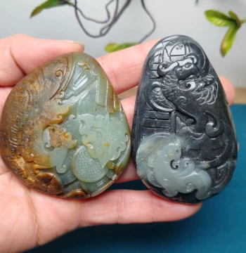 Xinjiang Hetian Jade Seed Material Raw Stone Blue-Flower Ink Jade Antique Dragon Phoenix Chi-Dragon Beast Face Pixiu Jin Hui Dui Hand Piece Pendant