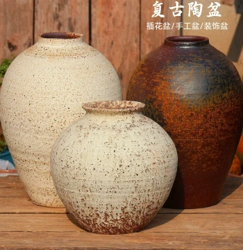 Retro Ceramic Pot Handcrafted Flower Pot for Hotel Decoration, Floral Arrangement, Home Ornament, Green Plant Bonsai, Coarse Pottery Planter