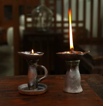 Handmade Coarse Pottery Vintage Oil Lamp Chinese Antique Ceramic Butter Lamp Wabi-Sabi Zen Candle Holder Tea Room Tea Ceremony Ornament