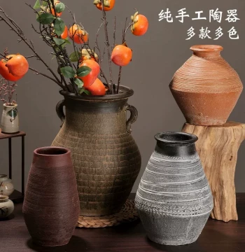 Chinese Style Ceramic Vase Ornament, Handmade Vintage Rustic Pottery Jar, Wabi-Sabi Style Planter for Living Room Flower Arrangement and Hydroponics