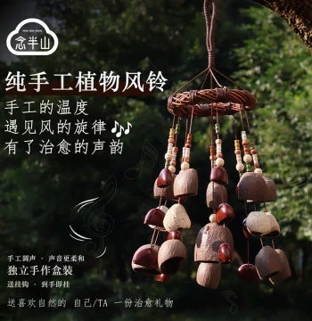 Handmade Wind Chime with Fruit Shell Pendant, Musical Instrument, Chinese Courtyard Home Creative Decor Gift, Healing Stress Relief Hand Bell
