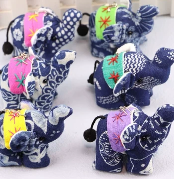 Tie-Dye Little Elephant Keychain: Indigo Dyed Dali Ethnic Style Handmade Fabric Thai Elephant Bag Charm and Accessory