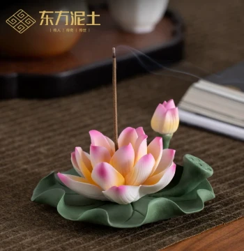 Eastern Clay Chinese Style Handmade Ceramic Lotus Incense Holder Ornament, Household Indoor Stick Incense Burner, Base, Tray, and Incense Utensil