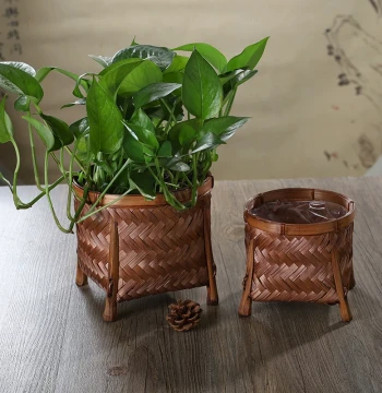 Bamboo Woven Decorative Flower Pot Cover, Retro Desktop Flower Basket, Handmade Bamboo Craft Planter and Pothos Storage Basket