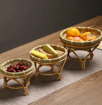 Bamboo Product Handmade Woven Fruit Basket Dry Nut Plate Creative Home Coffee Table Snack Storage Basket Bread Bin