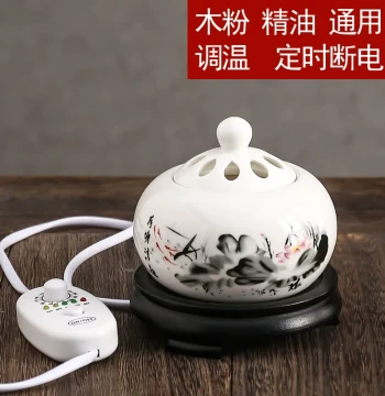 Timer and Temperature-Controlled Electronic Sandalwood Burner, Ceramic Aromatherapy Furnace, Agarwood Incense Burner with Essential Oil Plug-in Lamp, Wood Chip/Powder Lid