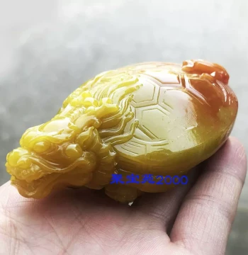 Natural Huanglong Jade Dragon-Turtle Fortune Ornament - Hand-Held Jade Beast Figurine for Desk Display