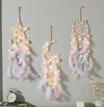 Girly Dreamcatcher Hanging Ornament Wind Chime, Manual DIY Finished Feather Woven Pendant, Cute Children's Room Decoration