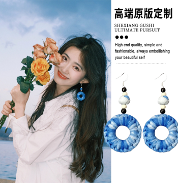 Handmade Tie-Dye Fabric Blue Earrings for Women, Ethnic Bohemian Style, Yunnan Fashion Accessories, Flower Drop Earrings