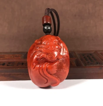 Natural Sichuan Liangshan Southern Red Agate Zhong Kui Fortune-Bestowing Pendant, Hand Piece, Full and Round with Flame Pattern, Persimmon Red