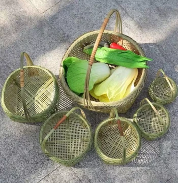 Handwoven Bamboo Basket with Handle for Fruit, Vegetables, and Eggs - Traditional Storage Container