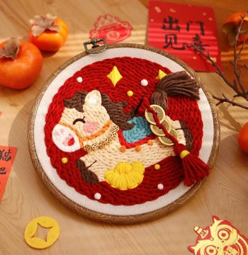 New Year Festive Punch Needle Handmade DIY Material Kit Round Disk Home Hanging Ornament Decoration Simple Making Gift for Friends