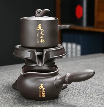 Purple Clay Semi-Automatic Stone Mill Lazy Tea Brewing Gadget, Fair Cup with Filter Mesh, Home Teapot Kung Fu Tea Set